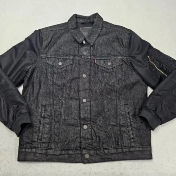 Levis Denim Jacket Thermore Large Black Trucker Snaps Insulated Lined Jean - Picture 1 of 9